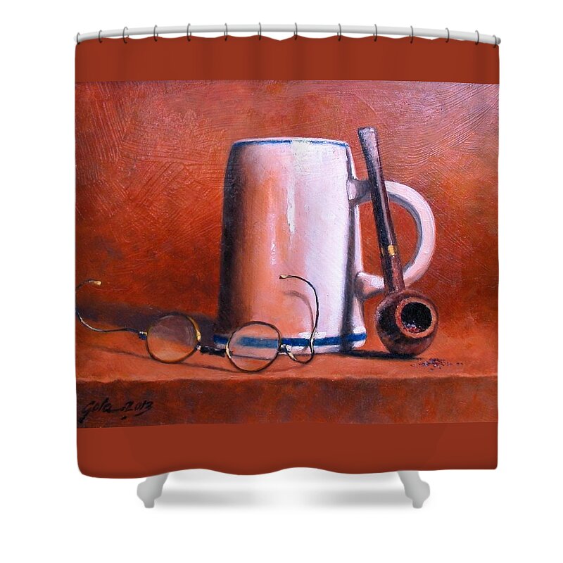Cups Shower Curtain featuring the painting Cup Pipe and Glasses by Jim Gola