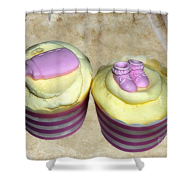Photography Shower Curtain featuring the photograph Cupcakes - Booties and Baby Bottle by Kaye Menner