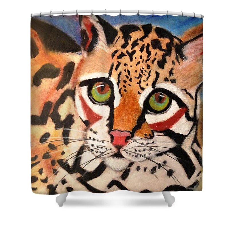 Ocelot Shower Curtain featuring the pastel Curious Ocelot by Renee Michelle Wenker