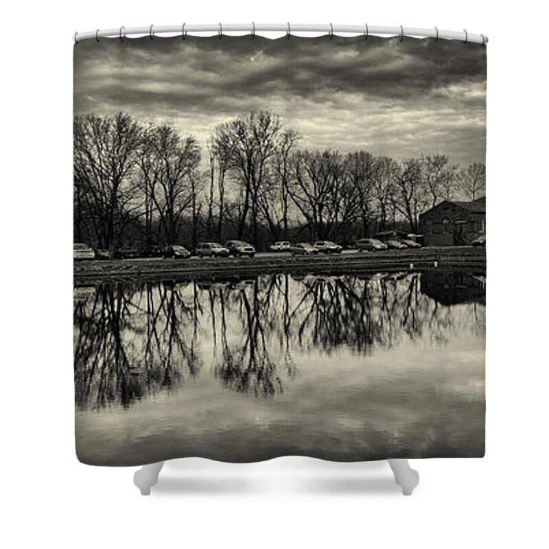 Joshua House Photography Shower Curtain featuring the photograph Cushwa Basin C and O canal Black and White by Joshua House