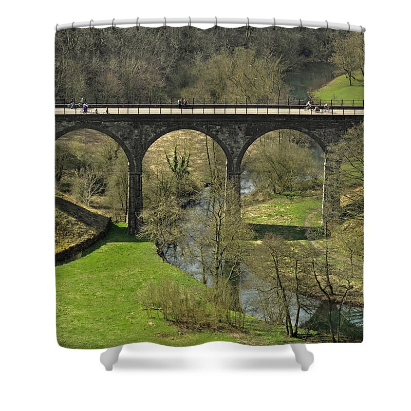 Bright Shower Curtain featuring the photograph Cyclists on the Headstone Viaduct by Rod Johnson