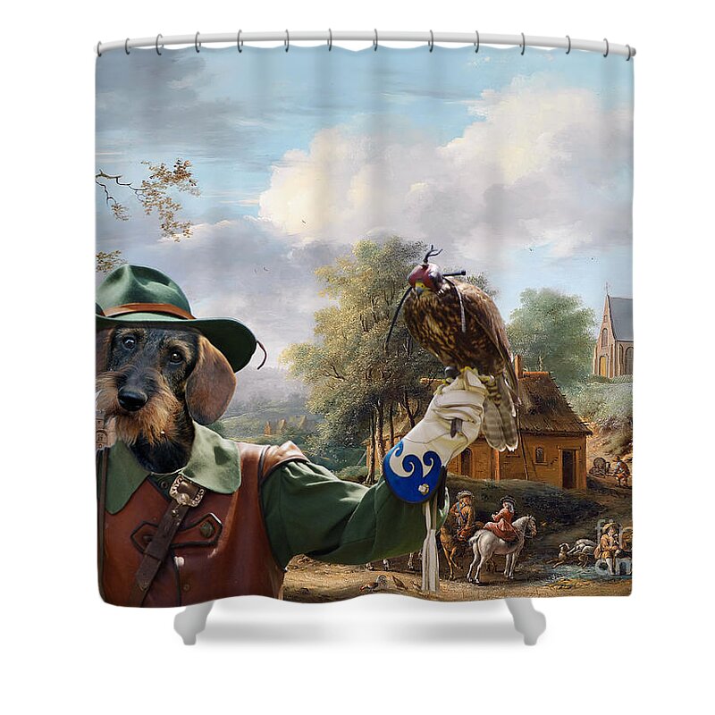 Dachshund Shower Curtain featuring the painting Dachshund Wirehaired Art - A landscape with a hunting party outside a tavern by Sandra Sij