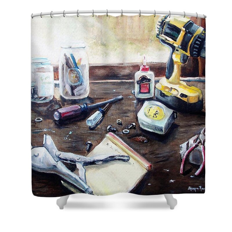 Tool Shower Curtain featuring the painting Dad's Bench by Shana Rowe Jackson