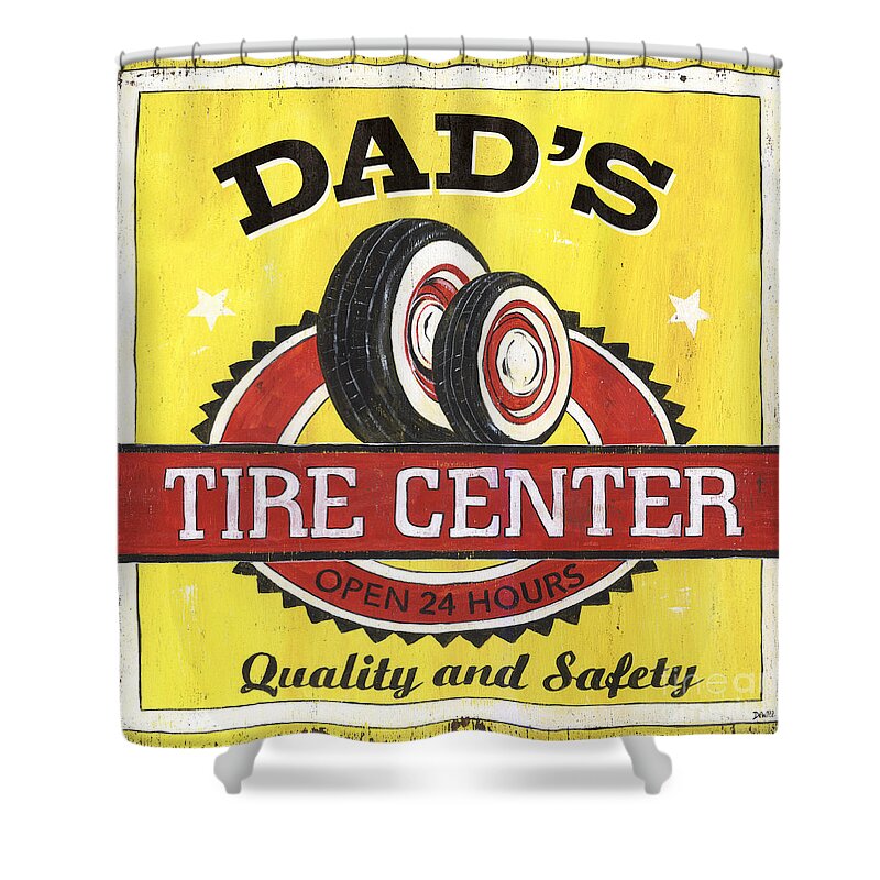 Dad Shower Curtain featuring the painting Dad's Tire Center by Debbie DeWitt