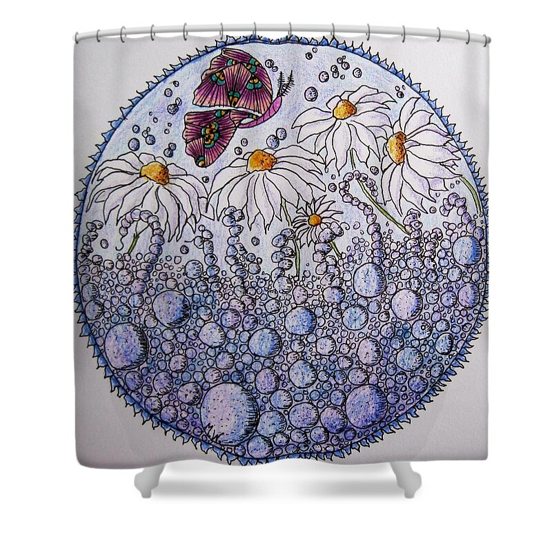 Butterflies Shower Curtain featuring the drawing Daisies and a butterfly by Megan Walsh