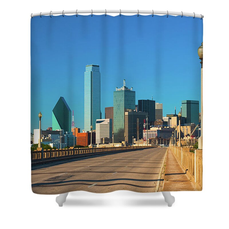 Downtown District Shower Curtain featuring the photograph Dallas Skyline And Street Bridge by Davel5957