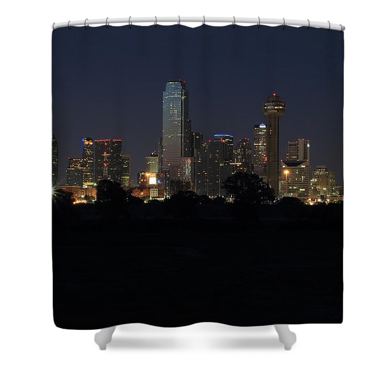 Dallas Shower Curtain featuring the photograph Dallas Skyline Twilight by Jonathan Davison
