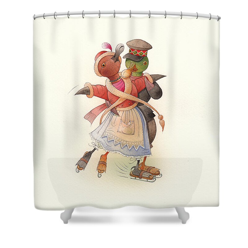 Christmas. Winter Shower Curtain featuring the painting Dancing Ducks 02 by Kestutis Kasparavicius
