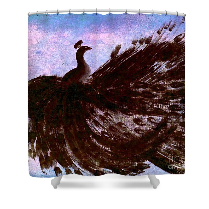 Black Bird Shower Curtain featuring the digital art DANCING PEACOCK blue pink wash by Anita Lewis