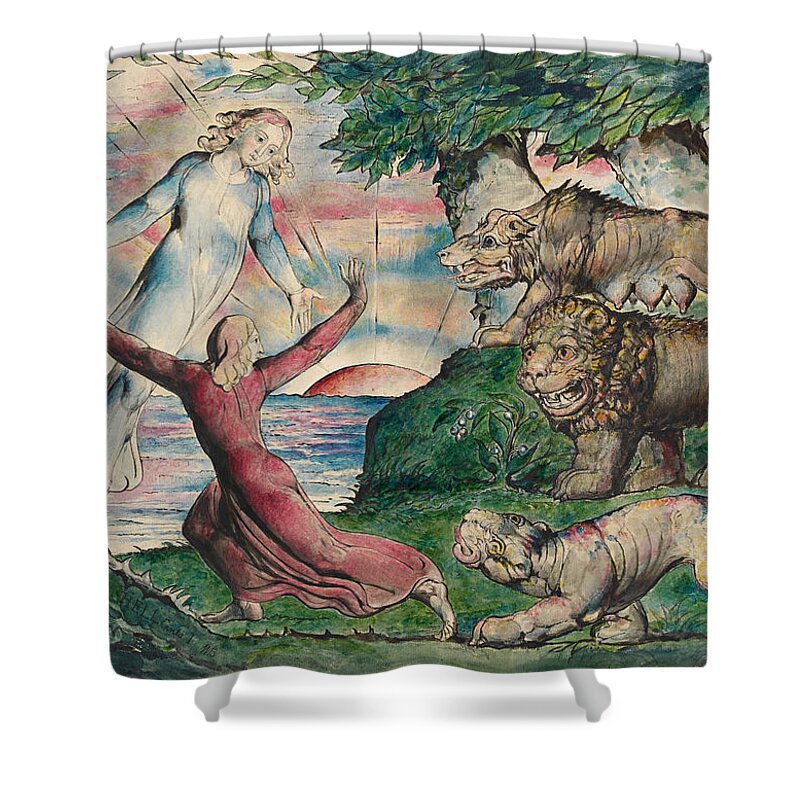 William Blake Shower Curtain featuring the painting Dante running from the three beasts by William Blake