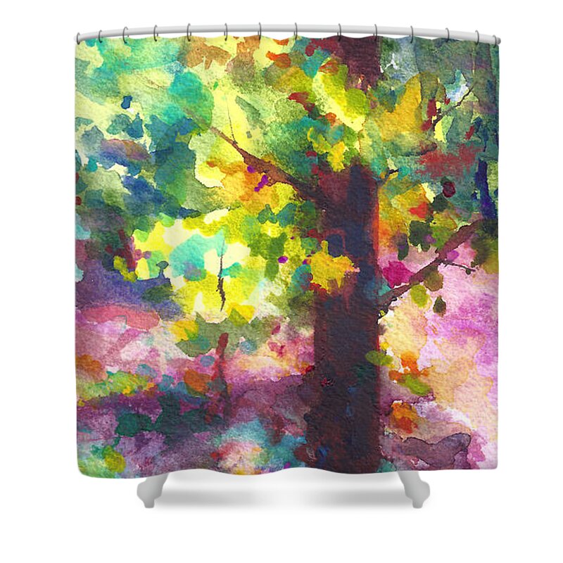 Tree Shower Curtain featuring the painting Dappled - light through tree canopy by Talya Johnson