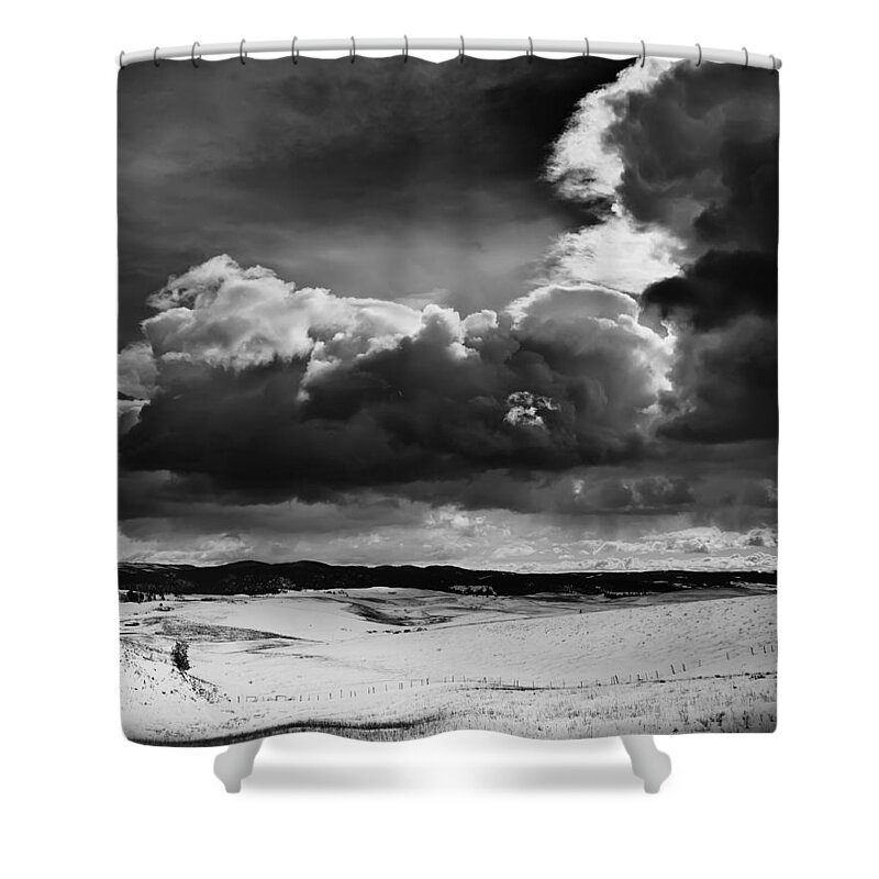 Clouds Shower Curtain featuring the photograph Dark Clouds Over Snowy Landscape by Theresa Tahara