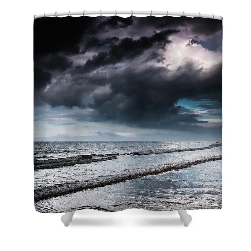 Tide Shower Curtain featuring the photograph Dark Storm Clouds Over The Ocean With by John Short / Design Pics