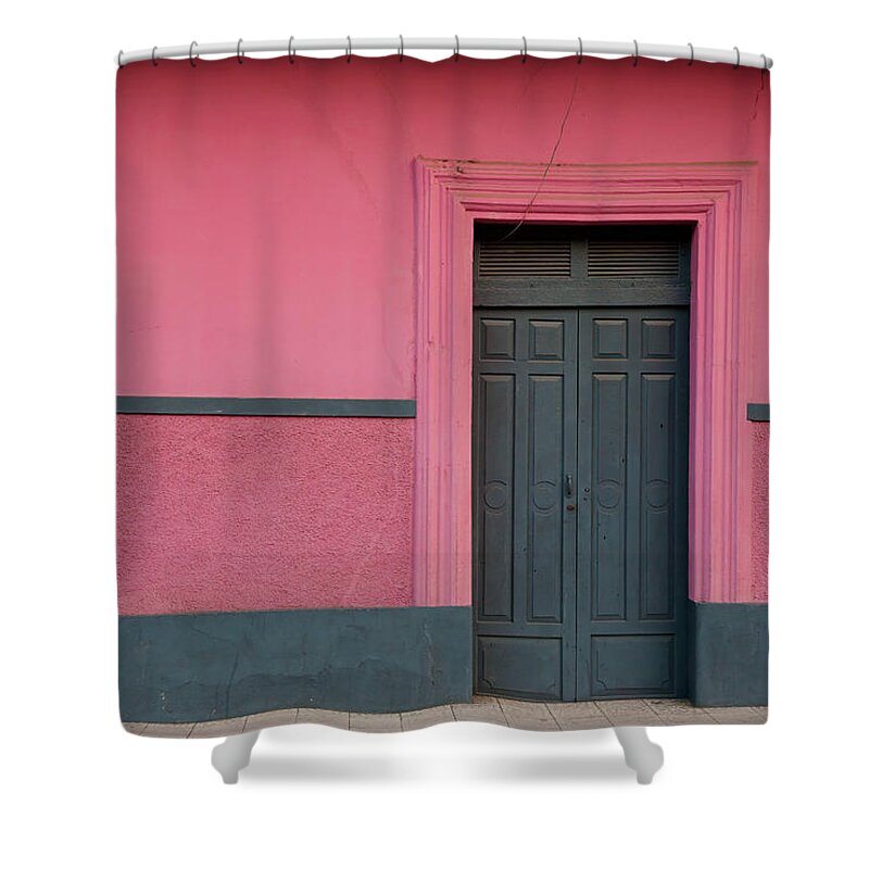 Architectural Feature Shower Curtain featuring the photograph Dark Wooden Closed Door And Pink Wall by Anknet