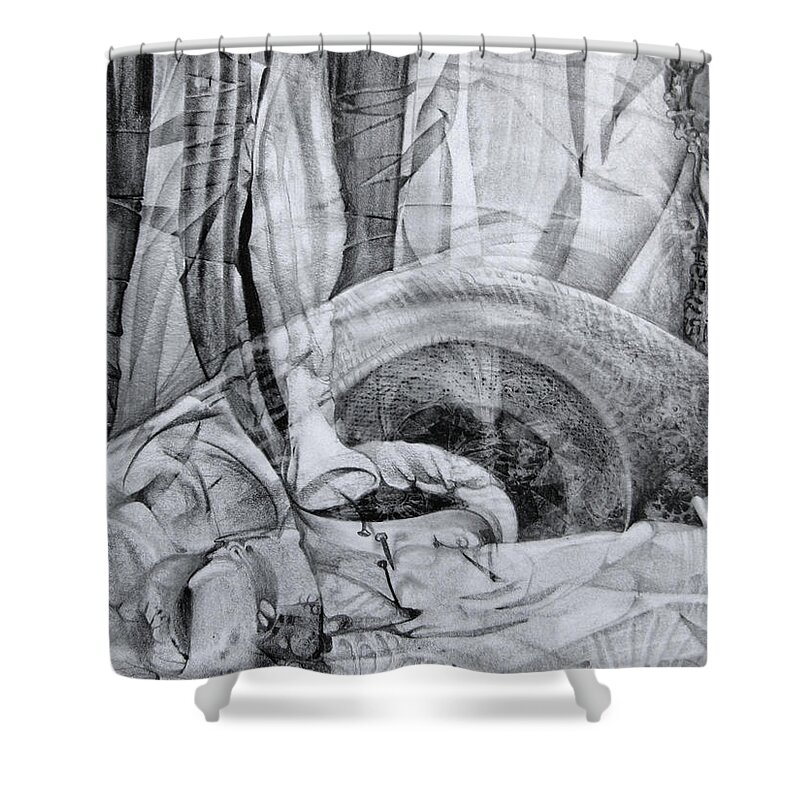 Surrealism Shower Curtain featuring the drawing Das Monster hat sich im ungebuegelten Hintergrund versteckt by Otto Rapp