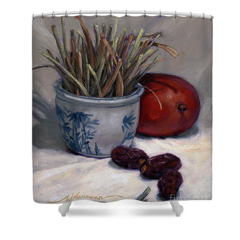 Mango Shower Curtain featuring the painting Dates Lemongrass and Mango by Randy Wollenmann