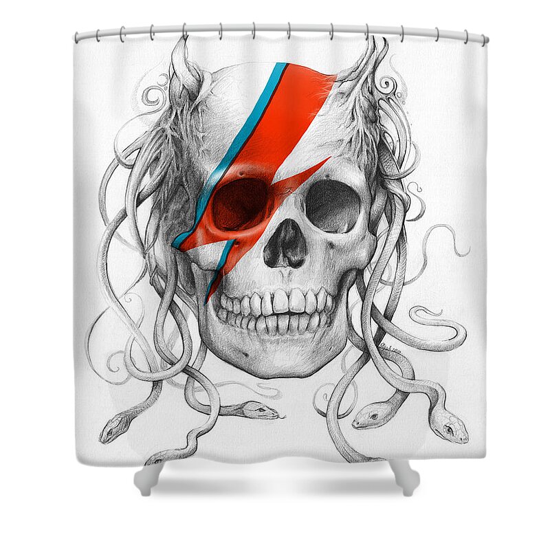 David Bowie Shower Curtain featuring the drawing David Bowie Aladdin Sane Medusa Skull by Olga Shvartsur