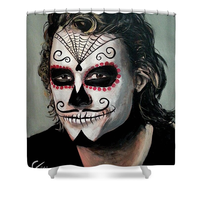 Heath Ledger Shower Curtain featuring the painting Day of The Dead - Heath Ledger by Tom Carlton