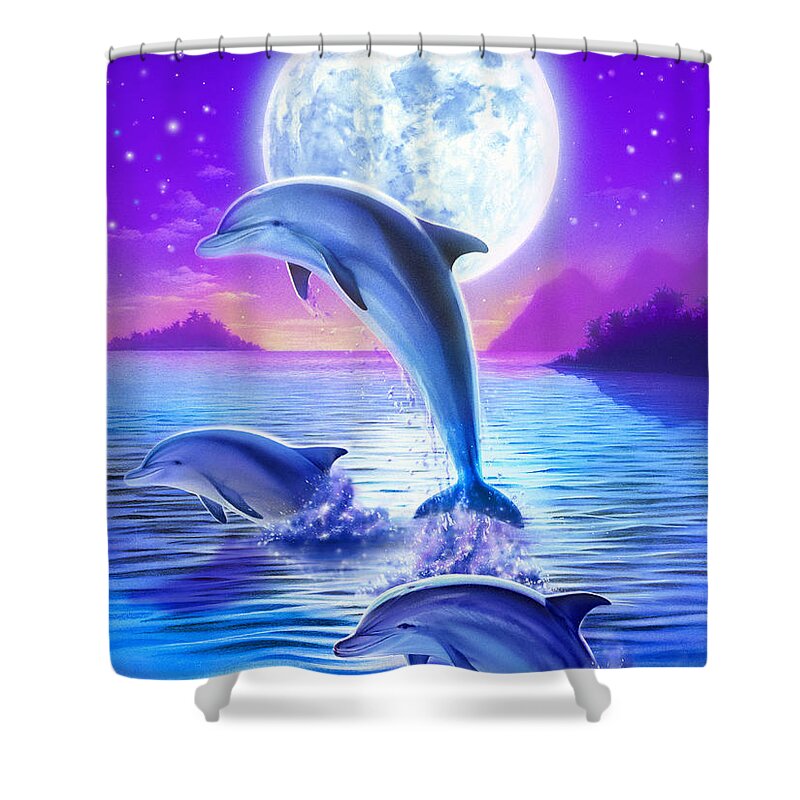 Robin Koni Shower Curtain featuring the digital art Day of the Dolphin by MGL Meiklejohn Graphics Licensing