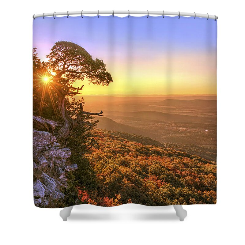 Mt. Magazine Shower Curtain featuring the photograph Daybreak on Mt. Magazine - Arkansas - Cedar Tree - Autumn by Jason Politte