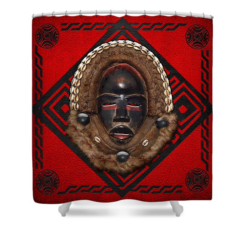 'treasures Of Africa' Collection By Serge Averbukh Shower Curtain featuring the digital art Dean Gle Mask by Dan People of the Ivory Coast and Liberia on Red Leather by Serge Averbukh