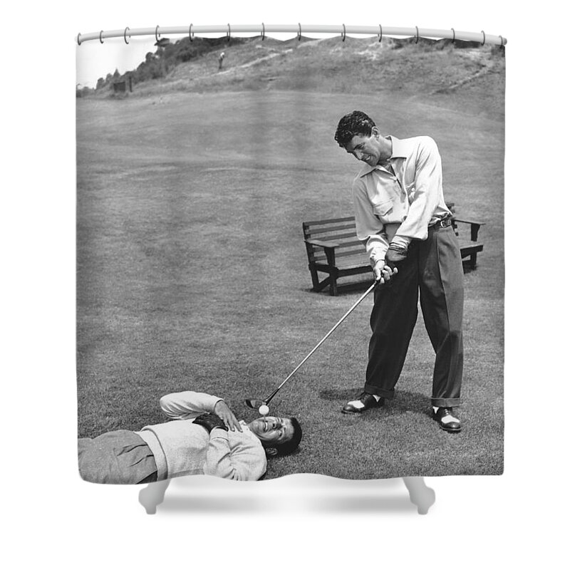 1953 Shower Curtain featuring the photograph Dean Martin and Jerry Lewis Golf by Underwood Archives