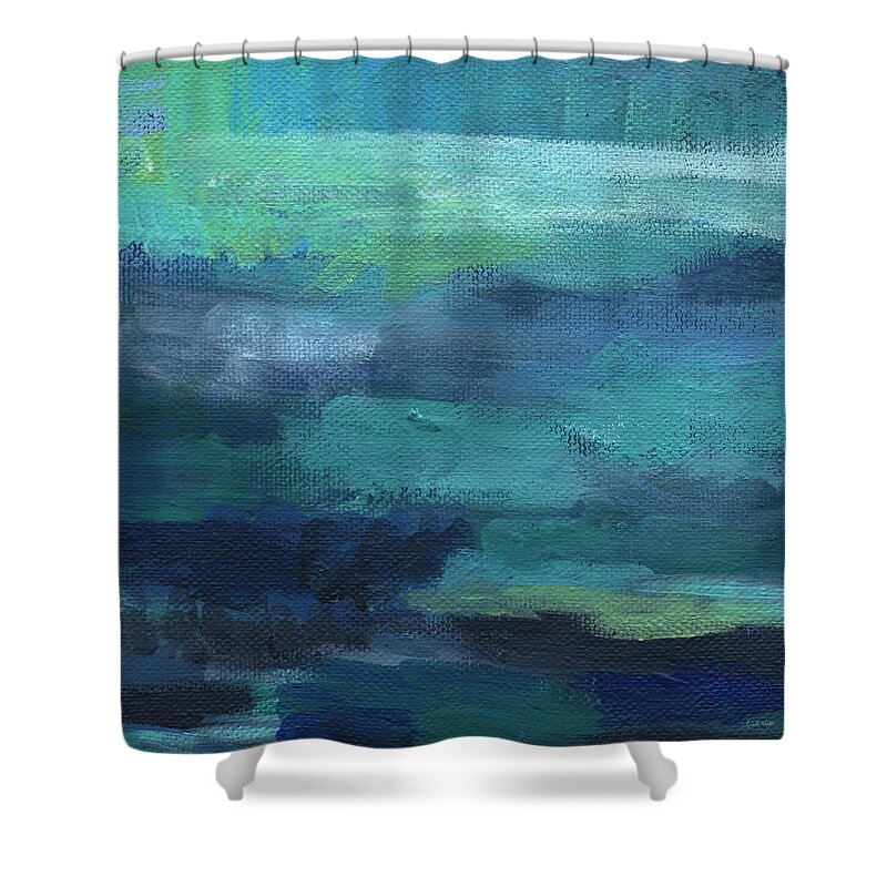 Blue Water Sky Abstract Expressionist Ocean Serene Peaceful Blue Abstract Contemporary Abstract Painting Texture Waves Night Winter Bedroom Art Kitchen Art Living Room Art Gallery Wall Art Art For Interior Designers Hospitality Art Set Design Wedding Gift Art By Linda Woods Shower Curtain featuring the painting Tranquility- abstract painting by Linda Woods