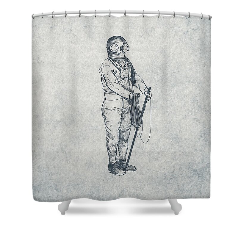 Nautical Shower Curtain featuring the drawing Deep Sea Diver - Nautical Design by World Art Prints And Designs