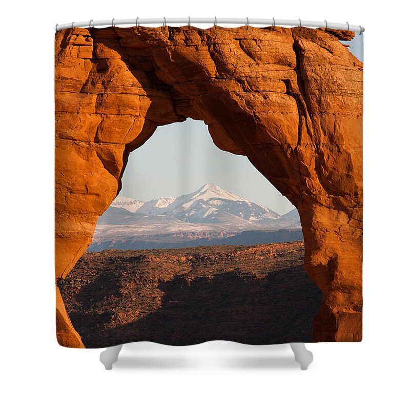 Arches National Park Shower Curtain featuring the photograph Delicate Arch and La Sal Mtns 03 Arches National Park by Dan Hartford