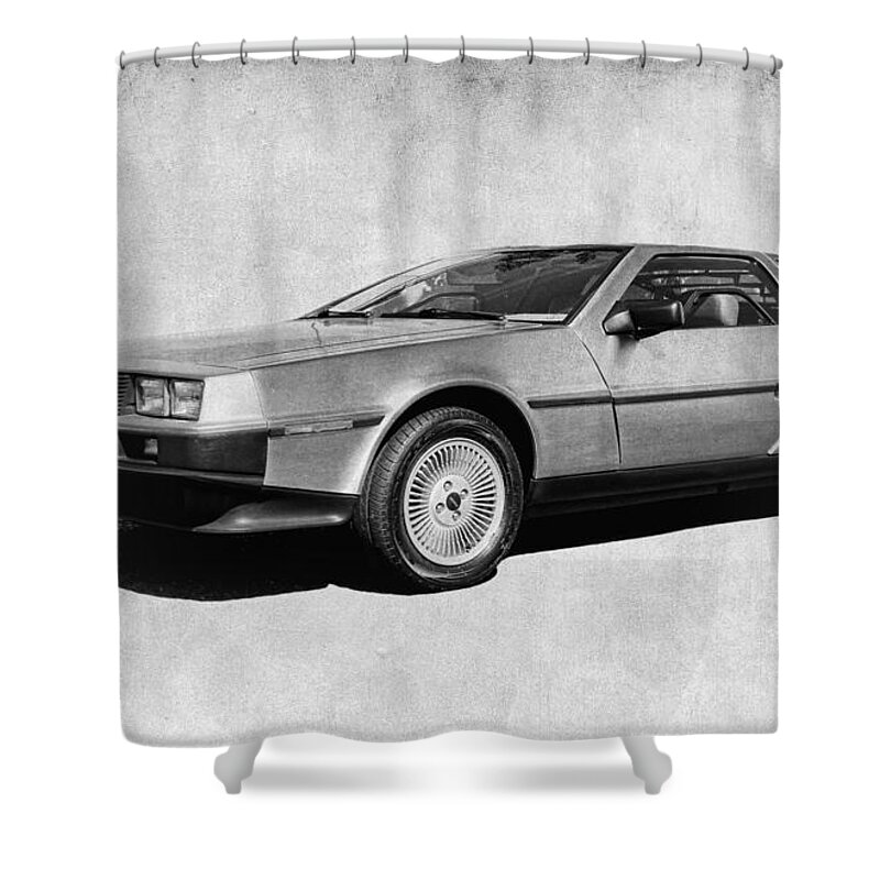 Delorean Motor Company Shower Curtain featuring the photograph DeLorean in Black and White by Steve McKinzie