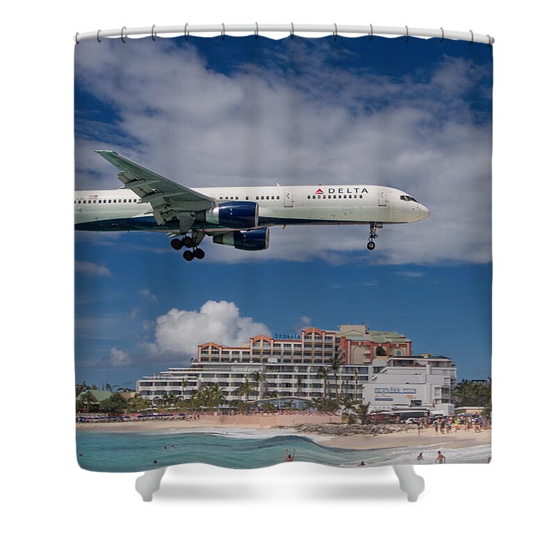 Delta Shower Curtain featuring the photograph Delta Air LInes landing at St. Maarten by David Gleeson
