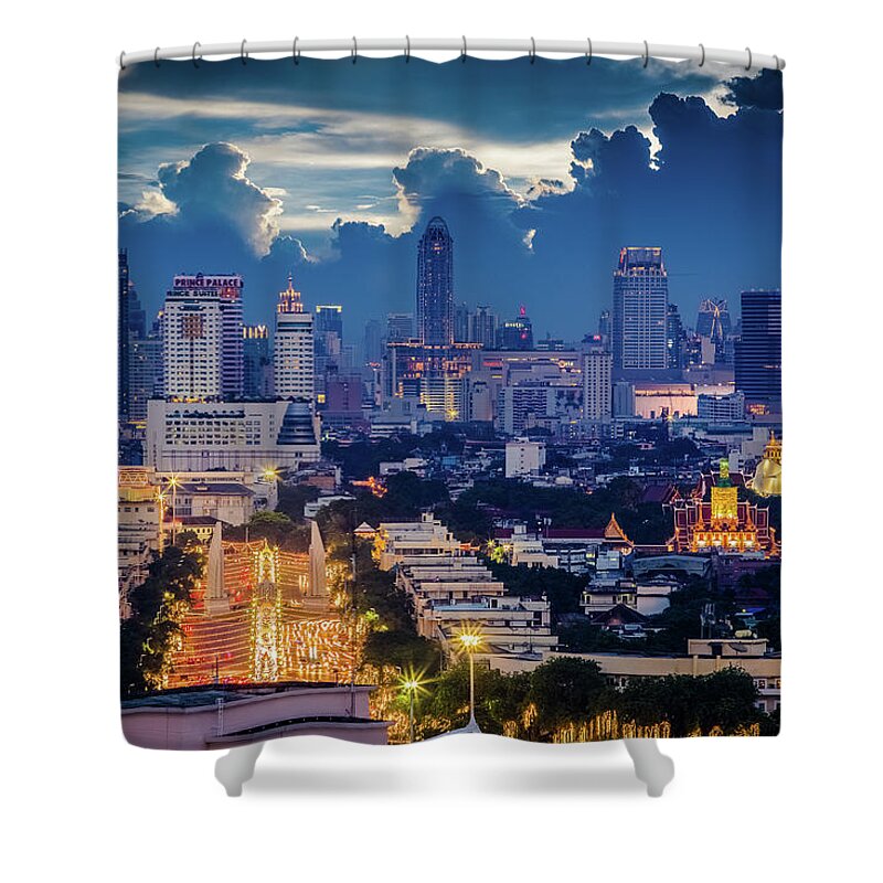 Tranquility Shower Curtain featuring the photograph Democracy Monument And Golden Mountain by Natapong Supalertsophon