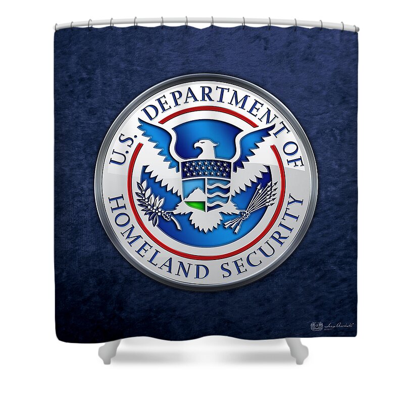 'military Insignia & Heraldry 3d' Collection By Serge Averbukh Shower Curtain featuring the digital art Department of Homeland Security - D H S Emblem on Blue Velvet by Serge Averbukh