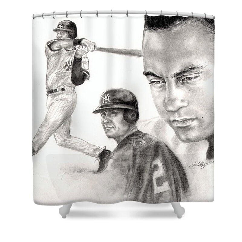 Derek Jeter Shower Curtain featuring the drawing Derek Jeter by Kathleen Kelly Thompson