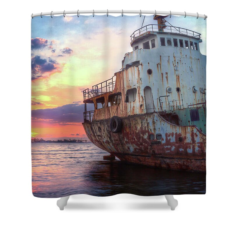 Tranquility Shower Curtain featuring the photograph Derelict Ship At Sunset by Onny Carr
