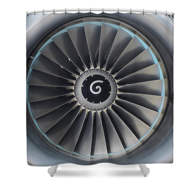Engine Shower Curtain featuring the photograph Detail View Of Jet Engine Of Airplane by Monty Rakusen