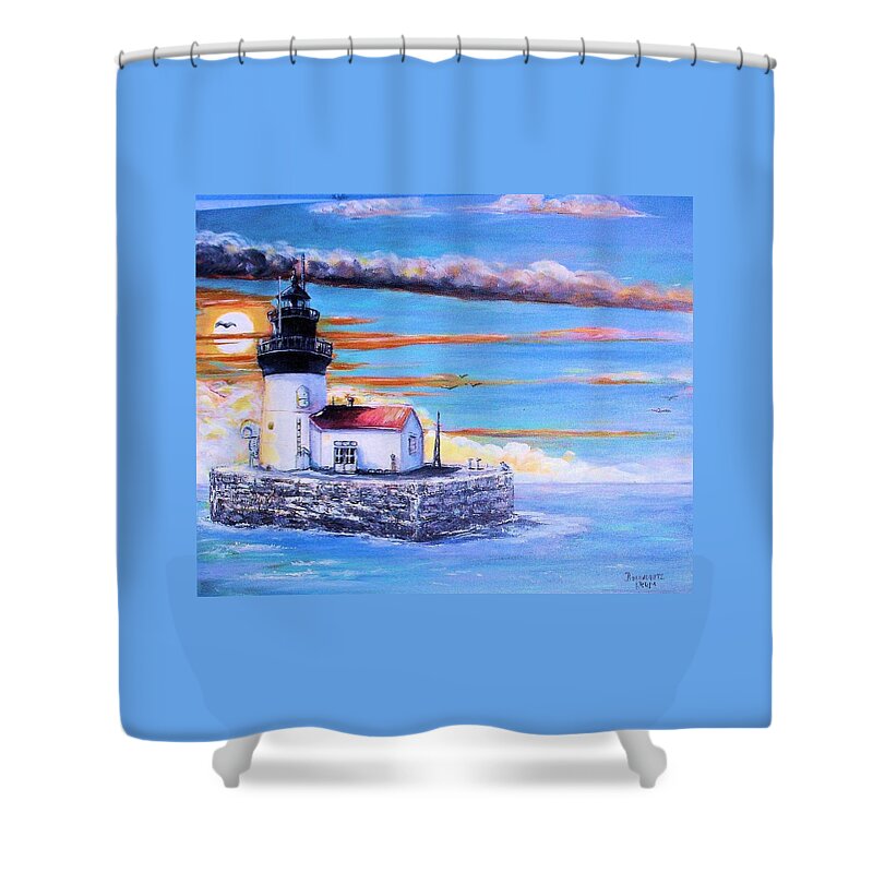 Detroit Lighthouse Shower Curtain featuring the painting Detroit Lighthouse Sunset by Bernadette Krupa