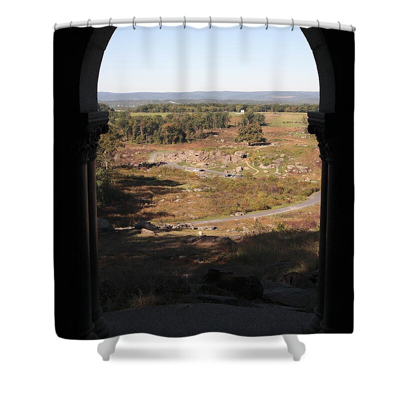 12th New York Regiment Shower Curtain featuring the photograph Devils Den from Little Round Top in Gettysburg by William Kuta