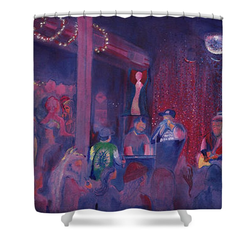 Dewey Paul Shower Curtain featuring the painting Dewey Paul Band at the GOAT NYE by David Sockrider