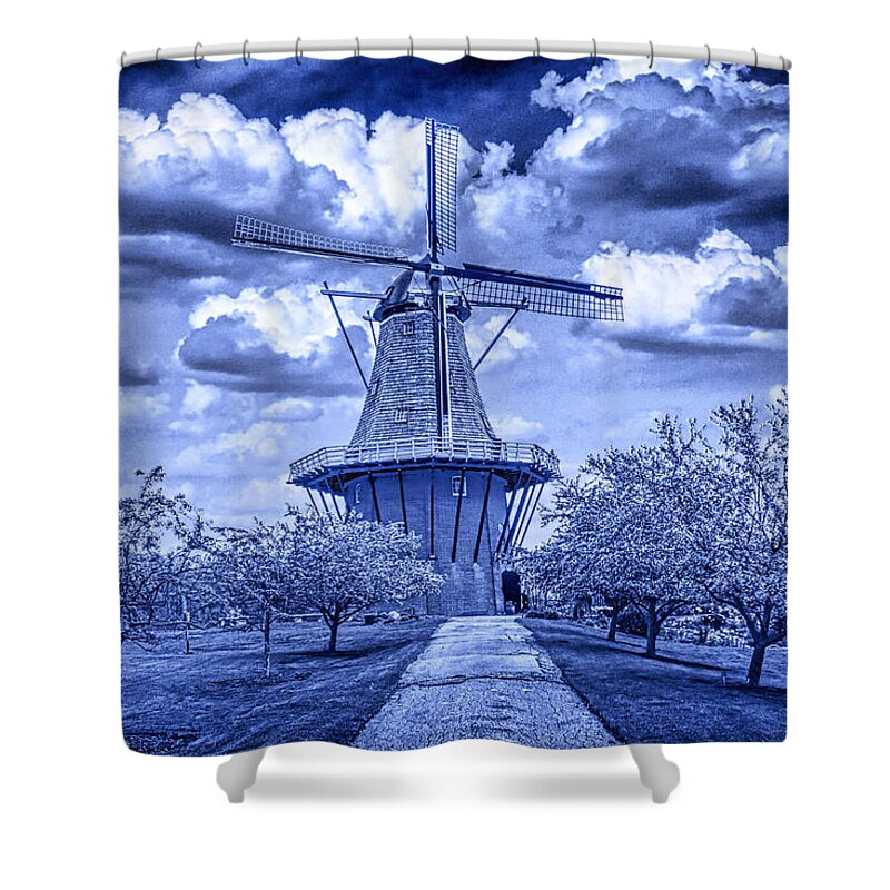 Art Shower Curtain featuring the photograph deZwaan Holland Windmill in Delft Blue by Randall Nyhof