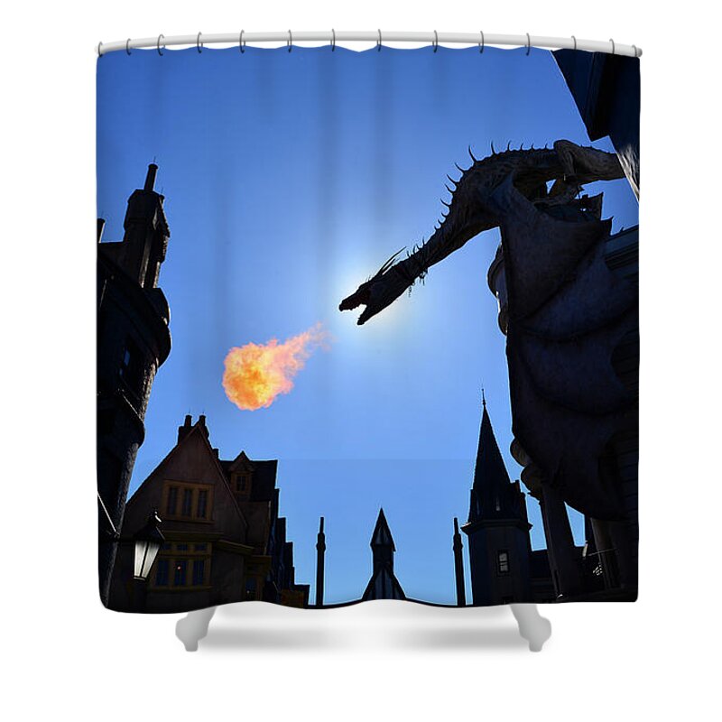 Diagon Alley Shower Curtain featuring the photograph Diagon Alley Dragon Fire by David Lee Thompson