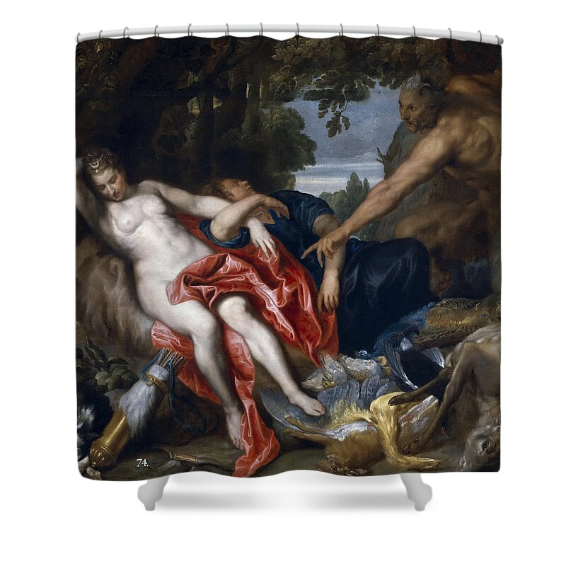 Anthony Van Dyck Shower Curtain featuring the painting Diana and her Nymph surprised by Satyr by Anthony van Dyck