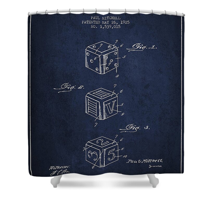 Dice Shower Curtain featuring the digital art Dice Apparatus Patent from 1925 - Navy Blue by Aged Pixel