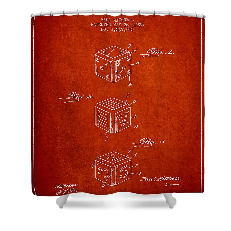 Dice Shower Curtain featuring the digital art Dice Apparatus Patent from 1925 - Red by Aged Pixel