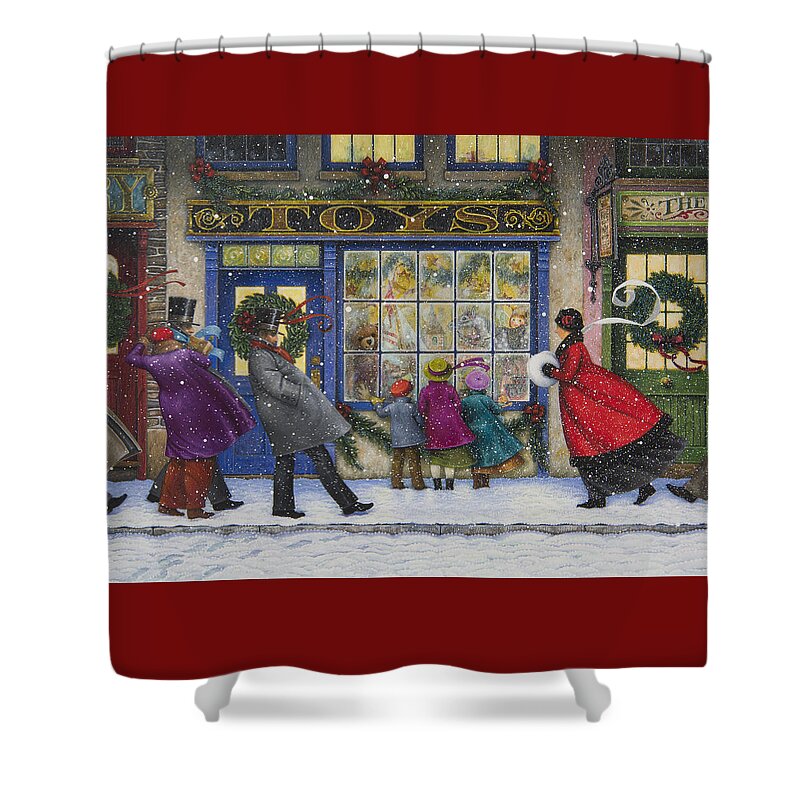 Christmas Shower Curtain featuring the painting The Toy Shop by Lynn Bywaters