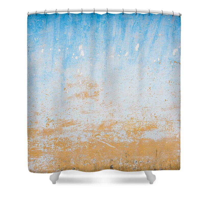 Blue Shower Curtain featuring the photograph Dilapidated beige and blue wall texture by Dutourdumonde Photography