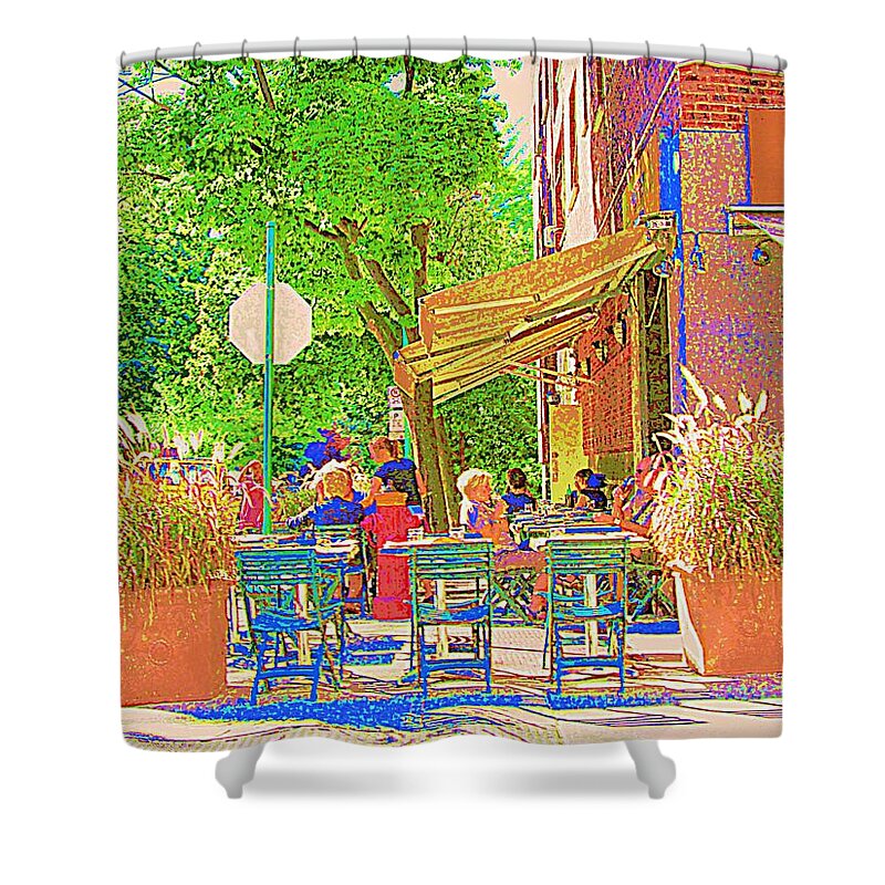 French Bistro Shower Curtain featuring the painting Dinner On The Terrace Le Murphy Boire Et Manger French Bistro Montreal Cafe Street Scene by Carole Spandau