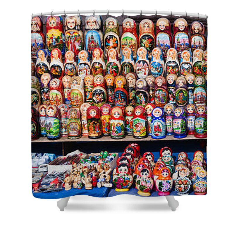 Photography Shower Curtain featuring the photograph Display Of The Russian Nesting Dolls by Panoramic Images