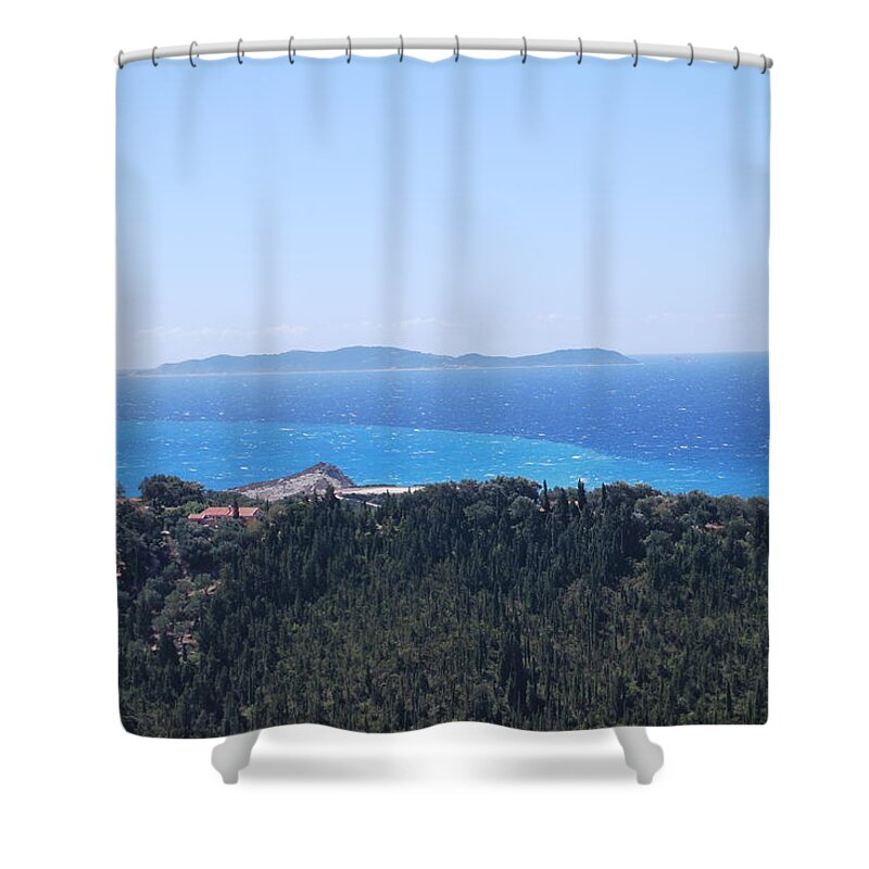 Erikousa Shower Curtain featuring the photograph Distant Mathraki by George Katechis