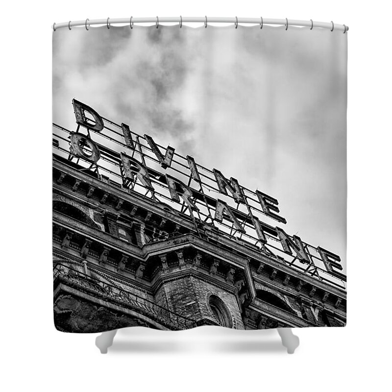 Divine Shower Curtain featuring the photograph Divine Lorraine Hotel Marquee in Black and White by Bill Cannon